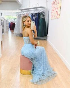 Emily Beaded Gown - Baby Blue -Curvy Charm Store Emily Beaded Gown Sitting Back Baby Blue