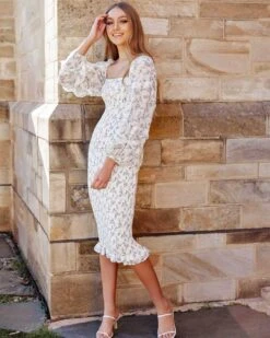 Ena Floral Midi Dress - White -Curvy Charm Store Ena Dress Front 1 White