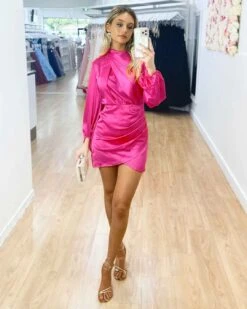 Estella Satin Mini Dress - Fuschia -Curvy Charm Store Estella Satin Mini Dress Front Fuschia