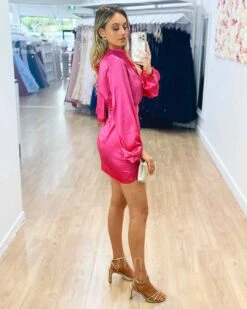 Estella Satin Mini Dress - Fuschia -Curvy Charm Store Estella Satin Mini Dress Side Fuschia
