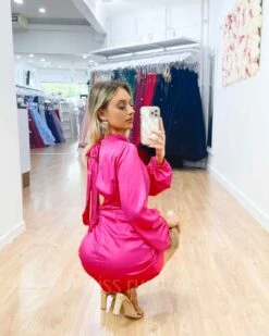 Estella Satin Mini Dress - Fuschia -Curvy Charm Store Estella Satin Mini Dress Squatting Fuschia
