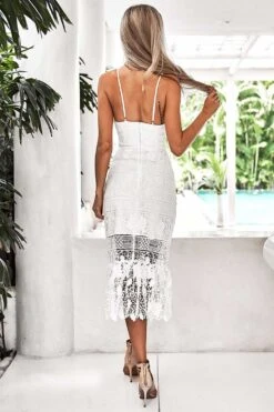 Estelle Lace Midi Dress - White -Curvy Charm Store Estelle Lace Dress Back White