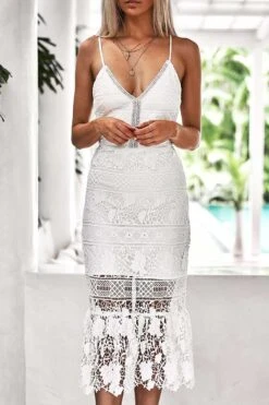 Estelle Lace Midi Dress - White -Curvy Charm Store Estelle Lace Dress Front Close White