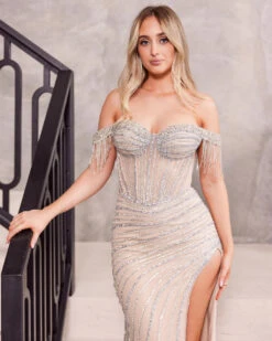 Esther Off Shoulder Beaded Gown - Platinum 21 Esther Off Shoulder Beaded Gown - Platinum -Curvy Charm Store Esther.platinum.front .close