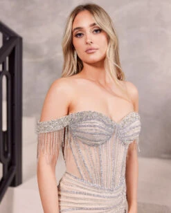 Esther Off Shoulder Beaded Gown - Platinum 20 Esther Off Shoulder Beaded Gown - Platinum -Curvy Charm Store Esther.platinum.front .close .3