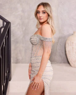 Esther Off Shoulder Beaded Gown - Platinum 22 Esther Off Shoulder Beaded Gown - Platinum -Curvy Charm Store Esther.platinum.side .close