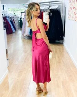 Gaia Satin Midi Dress - Hot Pink -Curvy Charm Store Gaia Satin Midi Dress Back Hot Pink