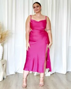 Gaia Satin Midi Dress - Hot Pink -Curvy Charm Store Gaia Satin Midi Dress Front 1 Kiara Hot Pink