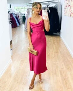 Gaia Satin Midi Dress - Hot Pink -Curvy Charm Store Gaia Satin Midi Dress Front 2 Hot Pink
