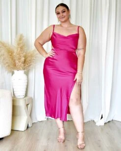 Gaia Satin Midi Dress - Hot Pink -Curvy Charm Store Gaia Satin Midi Dress Front Kiara Hot Pink