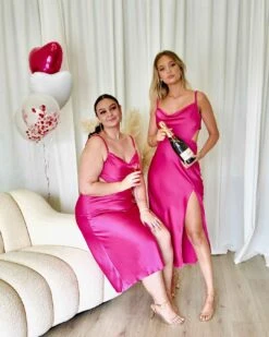 Gaia Satin Midi Dress - Hot Pink -Curvy Charm Store Gaia Satin Midi Dress Front Paige Kiara 2 Hot Pink