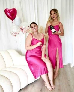 Gaia Satin Midi Dress - Hot Pink -Curvy Charm Store Gaia Satin Midi Dress Front Paige Kiara 3 Hot Pink