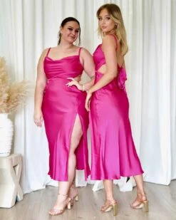 Gaia Satin Midi Dress - Hot Pink -Curvy Charm Store Gaia Satin Midi Dress Front Paige Kiara Hot Pink