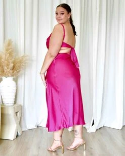 Gaia Satin Midi Dress - Hot Pink -Curvy Charm Store Gaia Satin Midi Dress Side Back Kiara Hot Pink