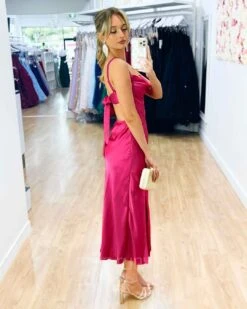 Gaia Satin Midi Dress - Hot Pink -Curvy Charm Store Gaia Satin Midi Dress Side Hot Pink
