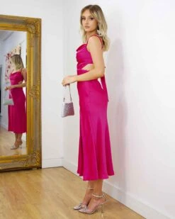 Gaia Satin Midi Dress - Hot Pink -Curvy Charm Store Gaia Satin Midi Dress Side Hot Pink 97c86d35 5a04 47e3 9f1b a63c62135e80