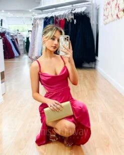 Gaia Satin Midi Dress - Hot Pink -Curvy Charm Store Gaia Satin Midi Dress Squatting 1 Hot Pink
