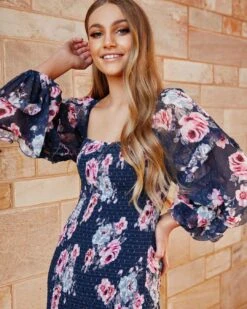 Gail Floral Dress - Navy Print -Curvy Charm Store Gail Floral Dress Front Close Navy