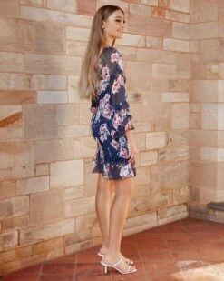 Gail Floral Dress - Navy Print -Curvy Charm Store Gail Floral Dress Side 2 Navy
