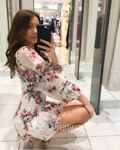 Gail Floral Dress - White Print -Curvy Charm Store Gail Floral Dress Squatting Print