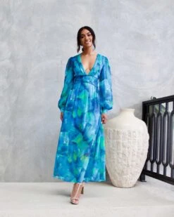 Georgie Chiffon Maxi Dress - Green/Blue Print -Curvy Charm Store Georgie ChiffonMidi Dress Front 1 Blue Green Print jpg