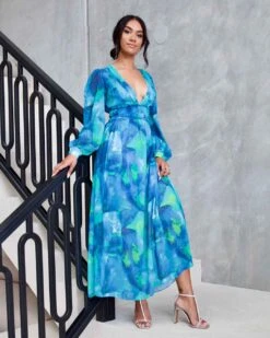 Georgie Chiffon Maxi Dress - Green/Blue Print -Curvy Charm Store Georgie ChiffonMidi Dress Side Front Blue Green Print jpg
