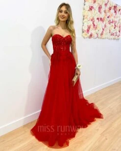 Hailey Tulle Glitter Gown - Red