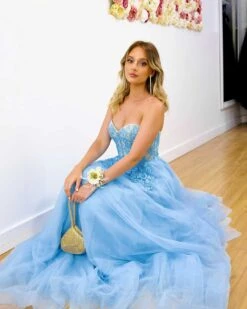 Hailey Tulle Glitter Gown - Blue -Curvy Charm Store Hadley Tulle Glitter Gown Squatting 1 Blue