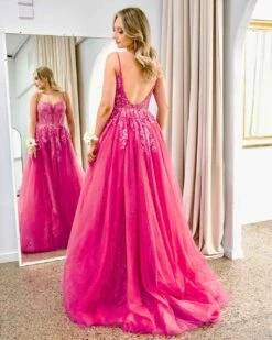 Iris Corset Sequin Tulle Gown - Fuchsia -Curvy Charm Store Iris Corset Sequin Tulle Gown Back Fuchsia
