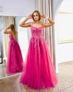 Iris Corset Sequin Tulle Gown - Fuchsia -Curvy Charm Store Iris Corset Sequin Tulle Gown Front 1 Fuchsia