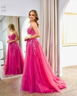 Iris Corset Sequin Tulle Gown - Fuchsia -Curvy Charm Store Iris Corset Sequin Tulle Gown Side 1 Fuchsia