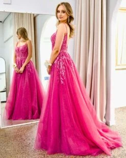 Iris Corset Sequin Tulle Gown - Fuchsia -Curvy Charm Store Iris Corset Sequin Tulle Gown Side 2 Fuchsia