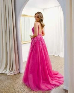 Iris Corset Sequin Tulle Gown - Fuchsia -Curvy Charm Store Iris Corset Sequin Tulle Gown Side Back Fuchsia