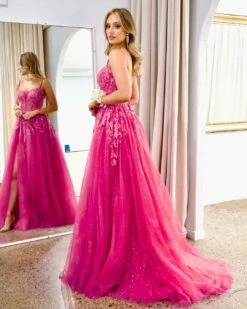 Iris Corset Sequin Tulle Gown - Fuchsia -Curvy Charm Store Iris Corset Sequin Tulle Gown Side Fuchsia