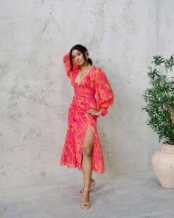 Isadora Chiffon Midi Dress - Pink Floral -Curvy Charm Store Isadora Maxi Dress Front Side Pink Floral