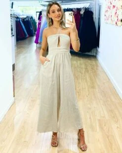 Isla Jumpsuit - Oatmeal 10 Isla Jumpsuit - Oatmeal -Curvy Charm Store Isla Jumpsuit front oatmeal