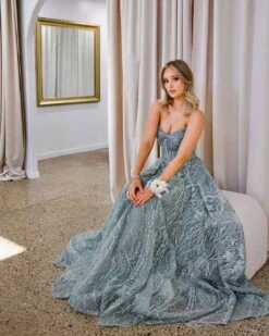 Jenny Embroidered Sequin Tulle Gown - Jade -Curvy Charm Store Jemima Embroided Tulle Gown Sitting