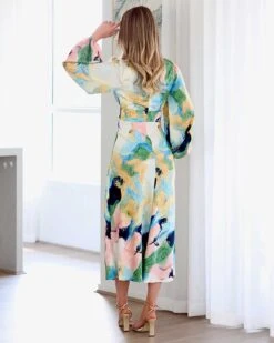 Kai Satin Maxi Dress - White Print 12 Kai Satin Maxi Dress - White Print -Curvy Charm Store Kai Satin Maxi Dress Back White Print