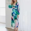 Kai Satin Maxi Dress - Blue/Pink Print 2 Kai Satin Maxi Dress - Blue/Pink Print -Curvy Charm Store Kai Satin Maxi Dress Front Blue Pink Print