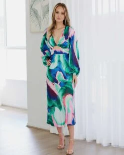 Kai Satin Maxi Dress - Blue/Pink Print -Curvy Charm Store Kai Stain Maxi Dress Front 1 Blue Pink Print