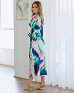 Kai Satin Maxi Dress - Blue/Pink Print -Curvy Charm Store Kai Stain Maxi Dress Side Back Blue Pink Print