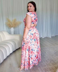 Kaia Chiffon Maxi Dress - Red Print -Curvy Charm Store Kaia Chiffon Maxi Dress Kiara Back Red Print