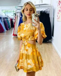 Kate Mini Dress - Yellow Floral -Curvy Charm Store Kate Mini Dress Front Side Close Yellow Floral