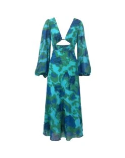 Kora Chiffon Midi Dress - Green/Blue Print -Curvy Charm Store Kora.chiffon.front