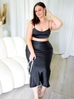 Lexi Satin Maxi Skirt - Black 15 Lexi Satin Maxi Skirt - Black -Curvy Charm Store Lexi satin top and skirt sitting kiara blac