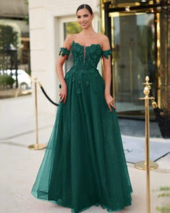 Liana Off Shoulder Corset Ball Gown - Emerald
