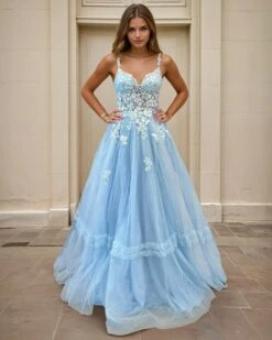 Livia Corset Lace Gown - Icy Blue