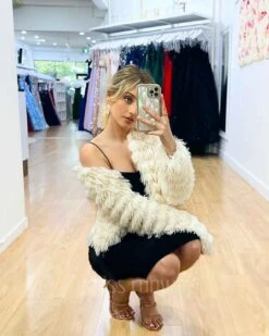 Lori Faux Fur Jacket - Ivory -Curvy Charm Store Lori Faux Fur Closeup sitdown Ivory