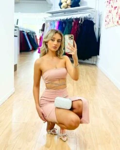 Maddy Midi Dress - Blush -Curvy Charm Store Maddy Midi Dress Squatting 1 Blush