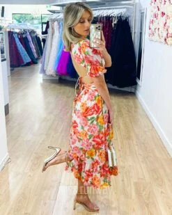 Maeve Midi Skirt - Orange Floral -Curvy Charm Store Maeve Midi Skirt Side Orange Floral 9d476d60 250b 4524 a145 59e29866a6ed